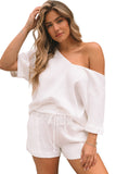 Relaxed V Neck Blouse and Drawstring Raw Hem Shorts Set