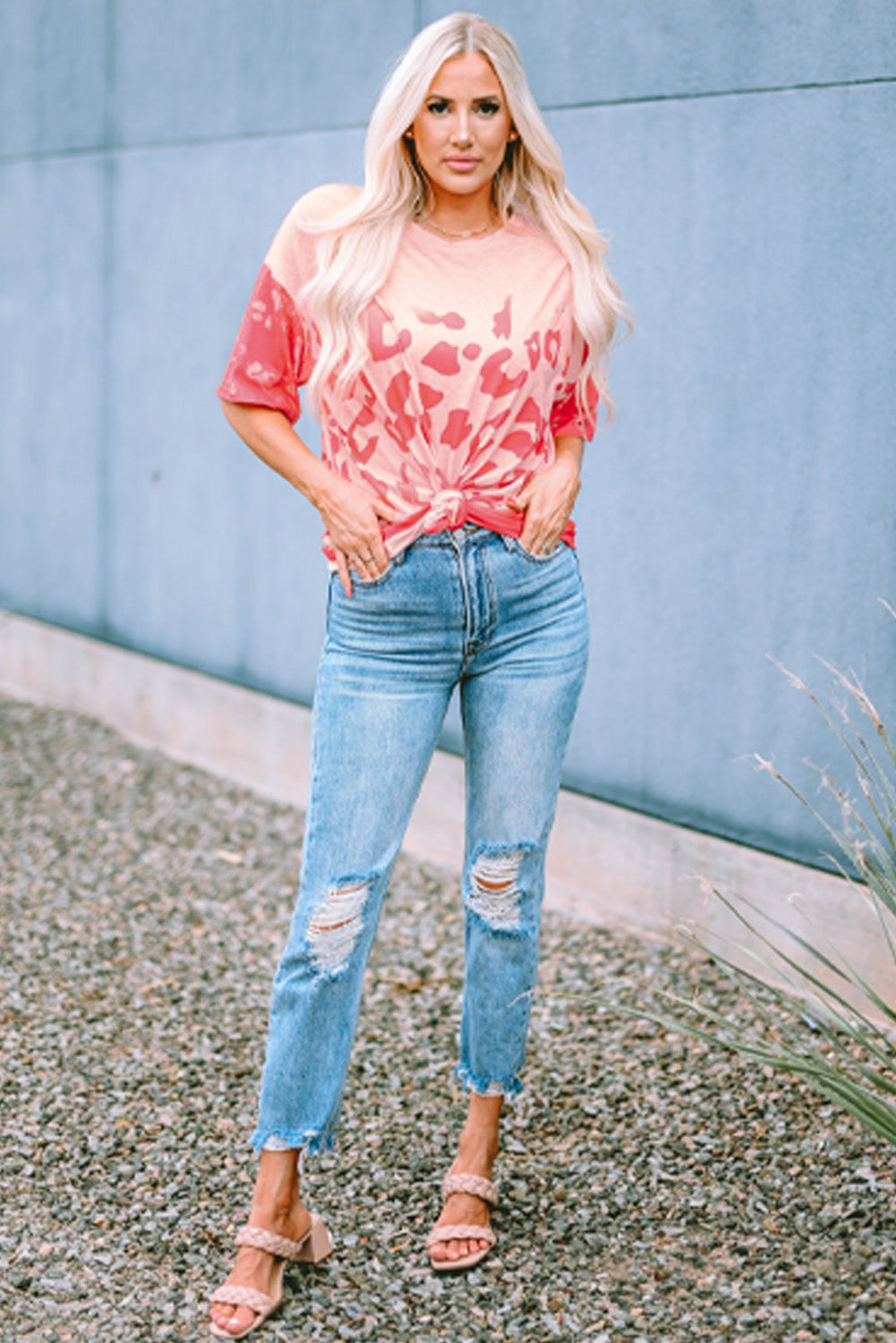 Leopard Bleached Boyfriend T Shirt with Holes