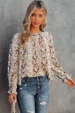 Glitter Snake Grain Pleated Round Neck Blouse