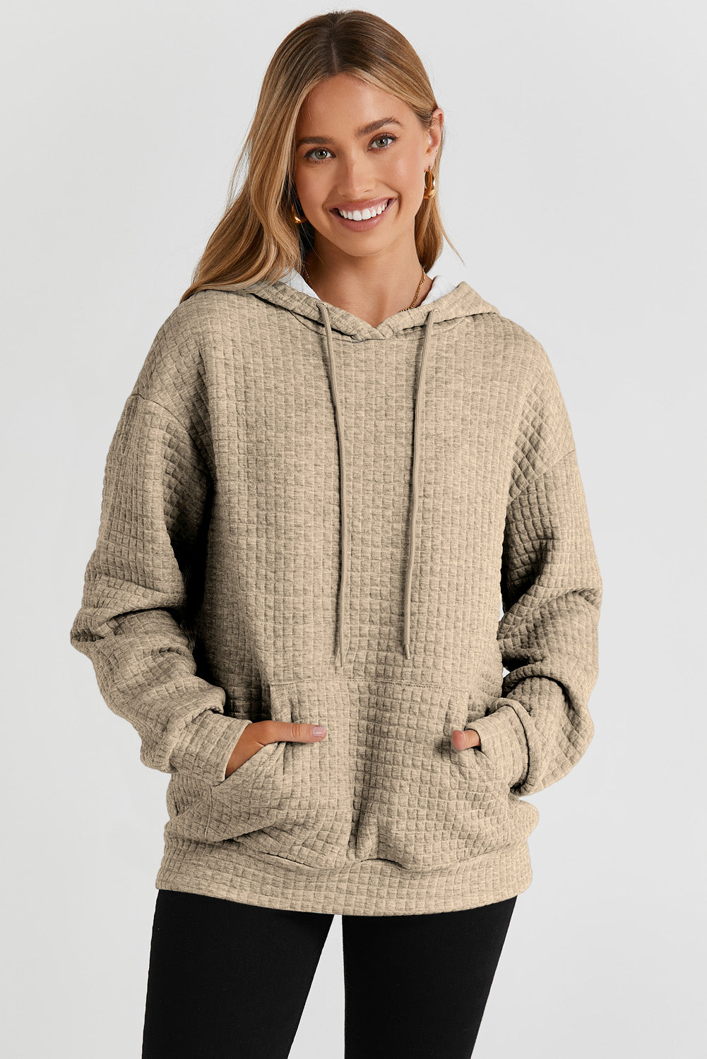 Khaki Quilted Kangaroo Pocket Drawstring Hoodie