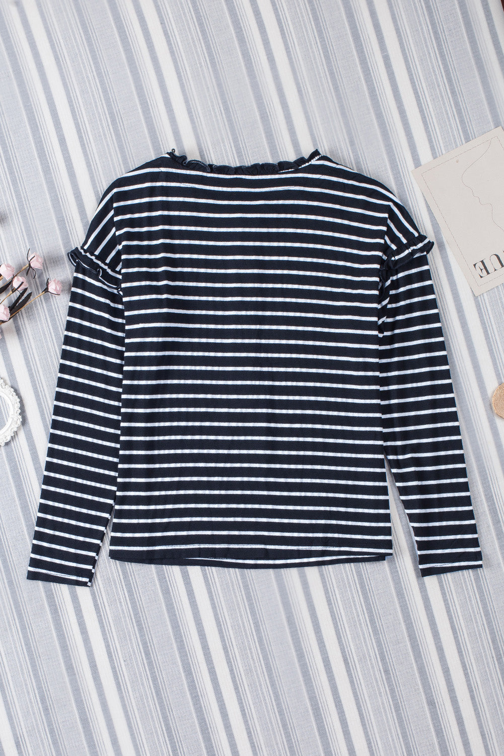 Striped Print Ruffled Buttoned Long Sleeve Top