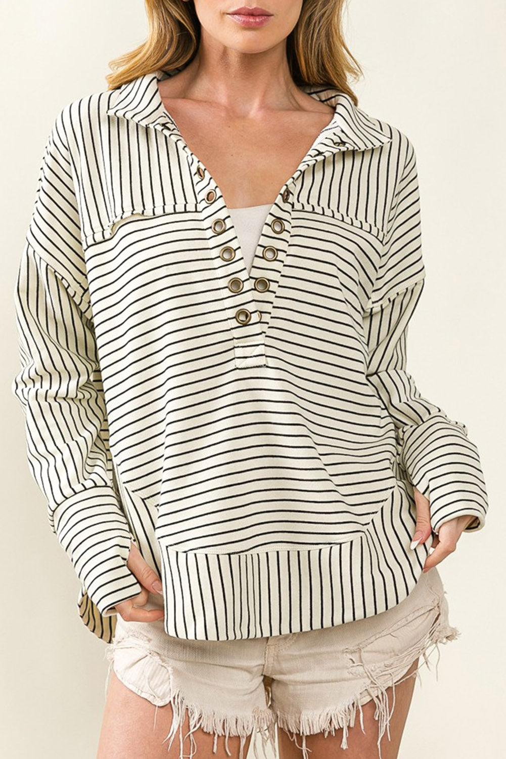 Striped Thumbhole Drop Shoulder V Neck Top