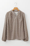 Khaki Geometric Print Notched Neck Puff Sleeve Blouse