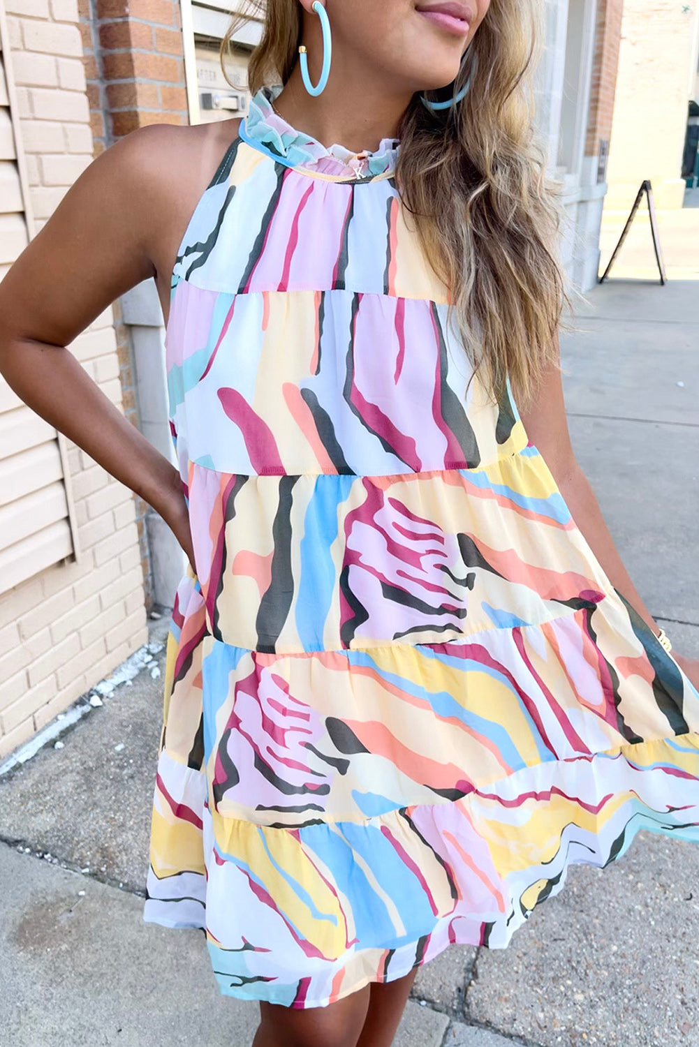 Abstract Print Sleeveless Tiered Flowy Dress