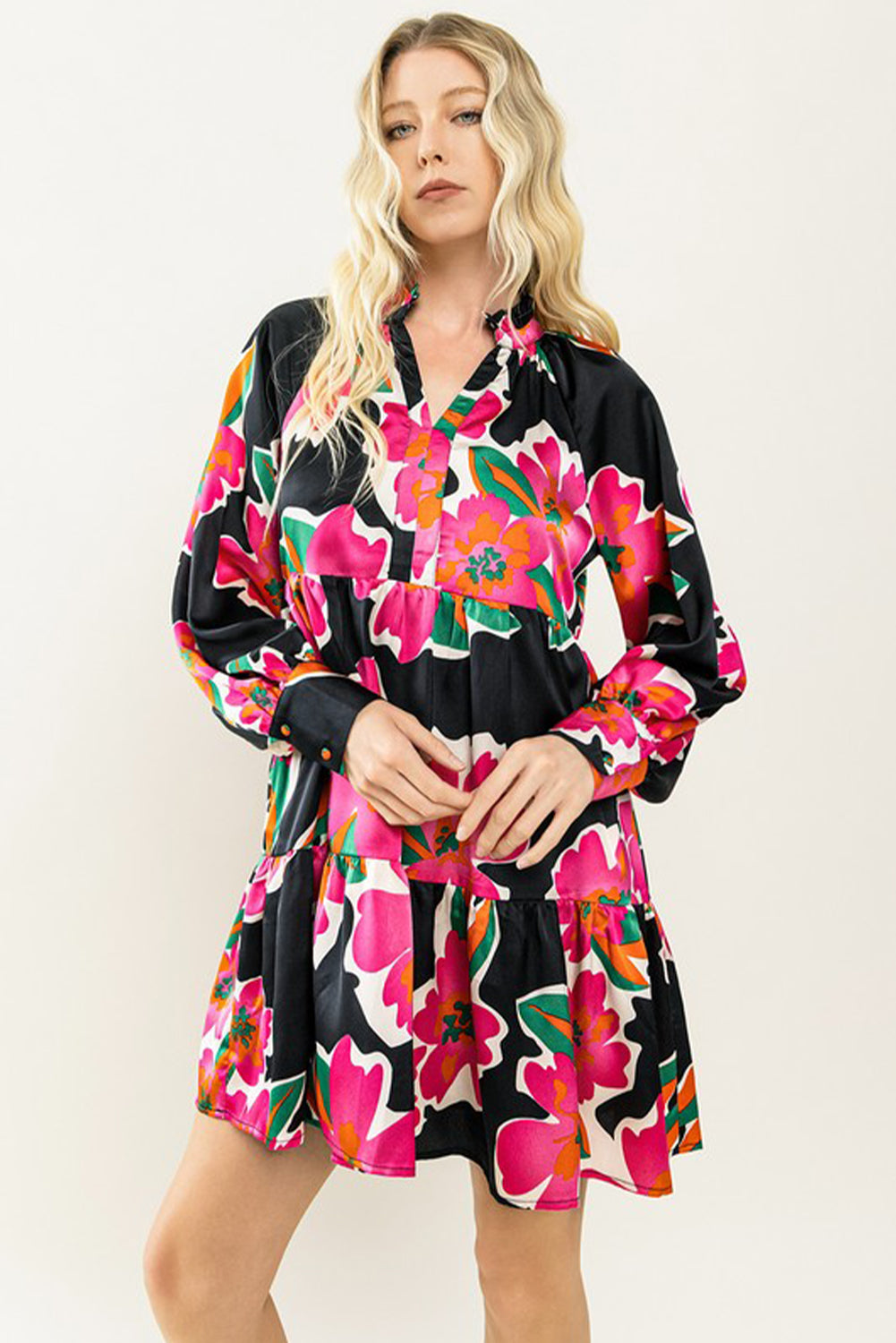 Black Flower Print Puff Sleeve Blouse