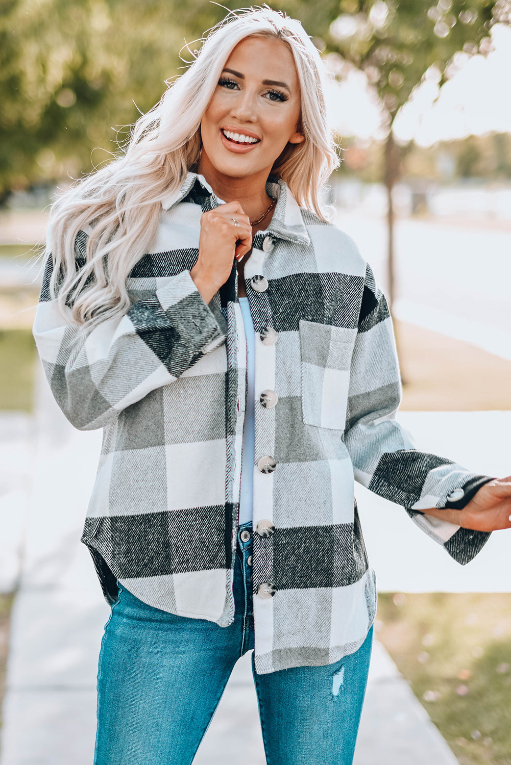 Plaid Color Block Buttoned Long Sleeve Jacket with Pocket