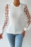 Floral Applique Mesh Sleeves Textured Knit Blouse