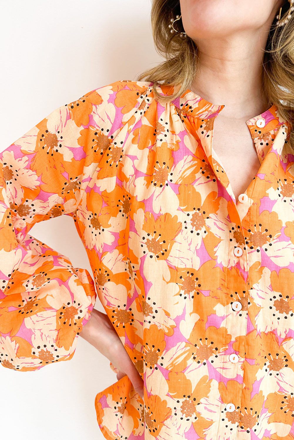 Orange Floral Print Loose Sleeve Shirt