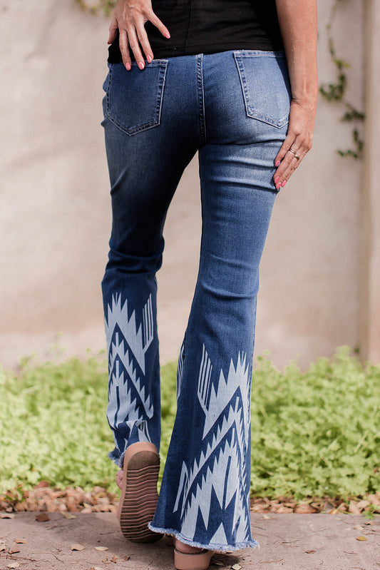 Western Pattern High Rise Flare Jeans