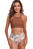 Solid Strappy Halter Bikini Printed High Waist Swimsuit