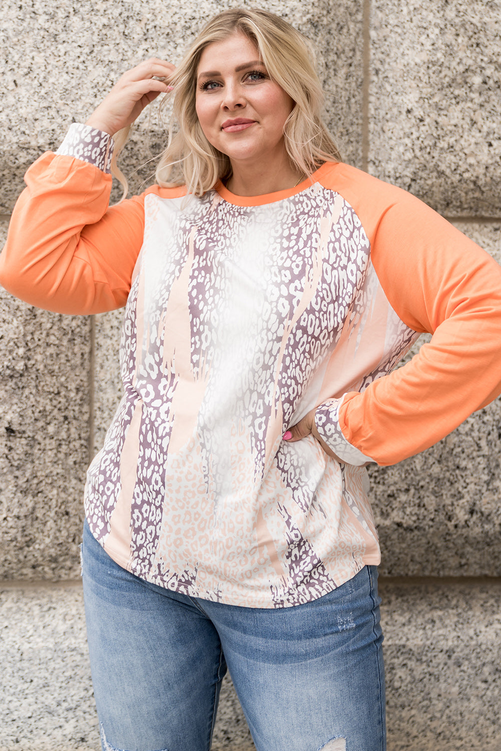 Snakeskin Print Raglan Long Sleeve Plus Size Top