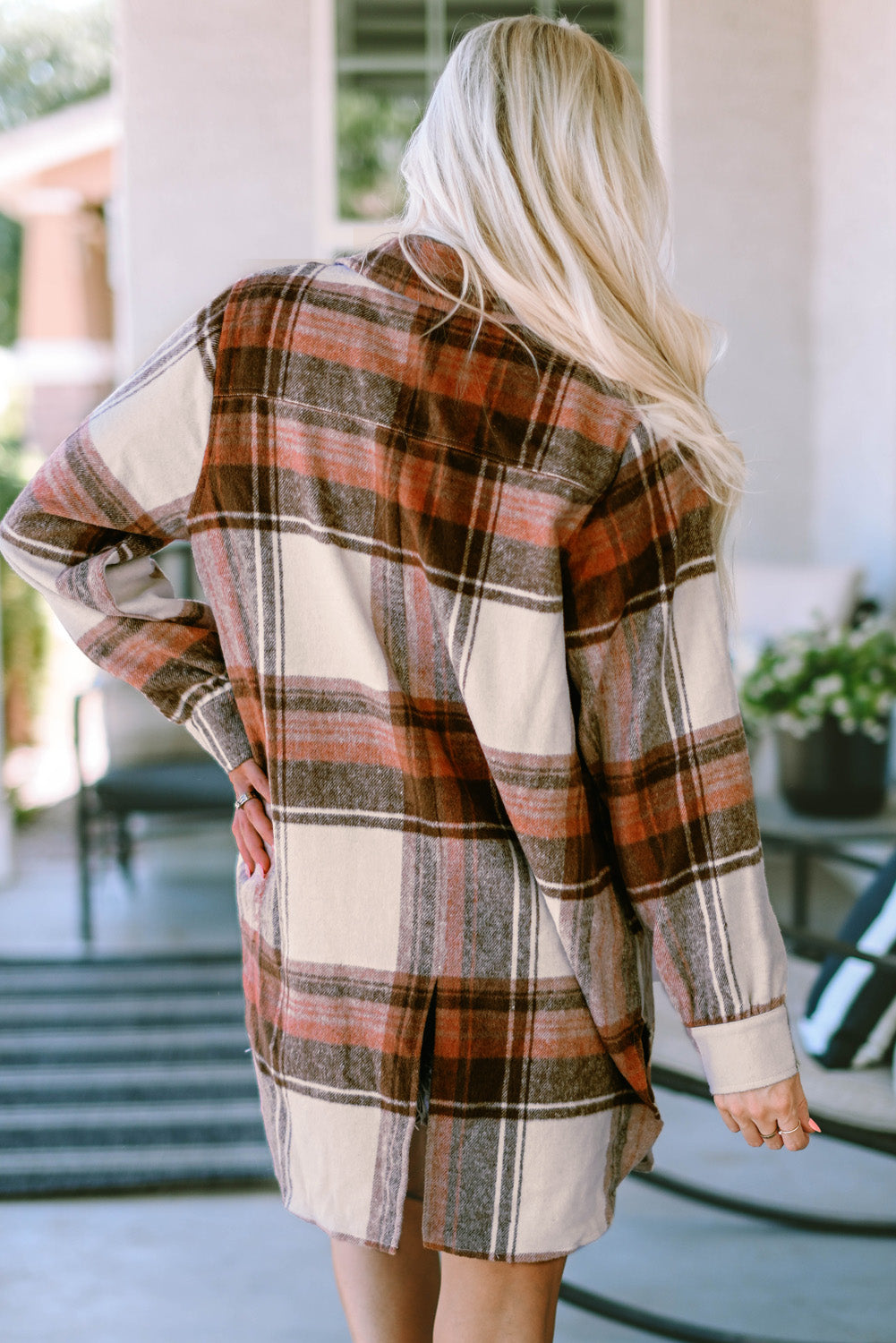 Brown Plus Size Plaid Flap Pockets Shacket