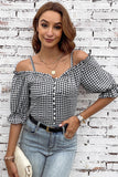 Sweetheart Gingham Button Down Cold Shoulder Blouse