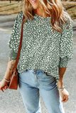 Leopard Print Shirred Cuff 3/4 Sleeve Blouse