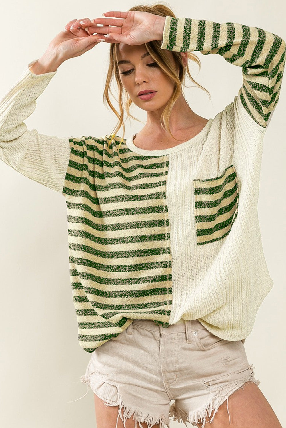 Striped Patch Textured Fabric Long Sleeve Top