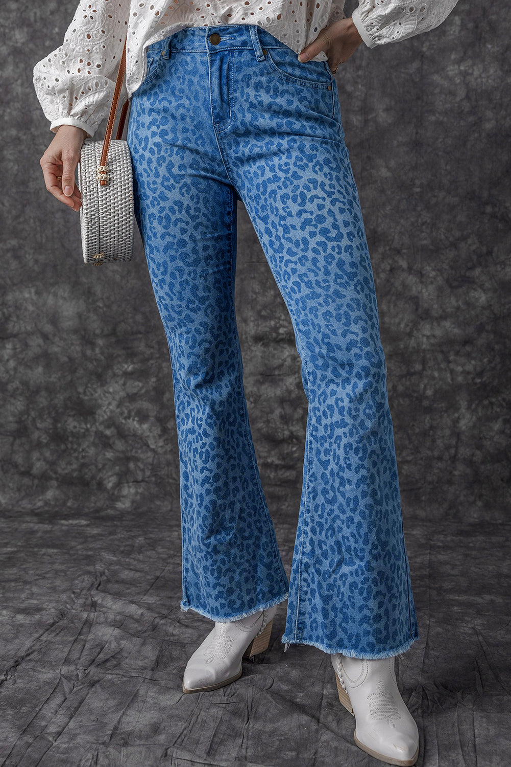 Sky Blue Leopard Print Raw Hem High Waist Flare Jeans