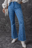 Sky Blue Leopard Print Raw Hem High Waist Flare Jeans