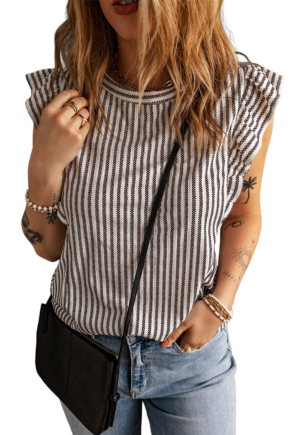 Crew Neck Ruffled Striped Tank Top