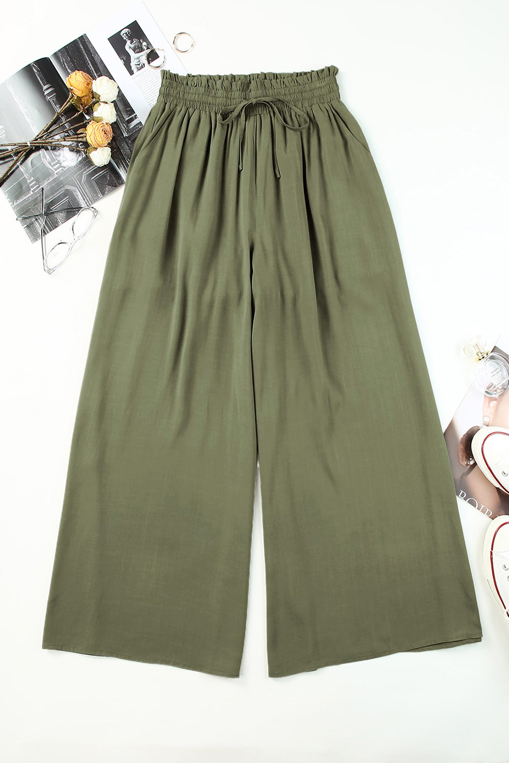 Gray Drawstring Smocked High Waist Wide Leg Pants