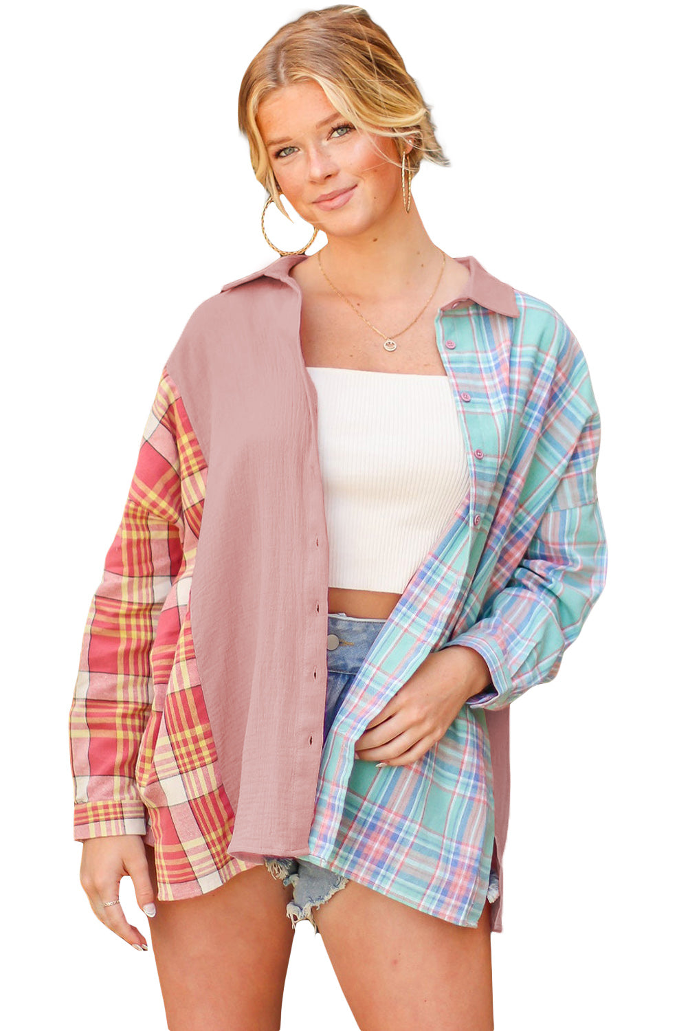 Plaid Contrast Color Block Shirt