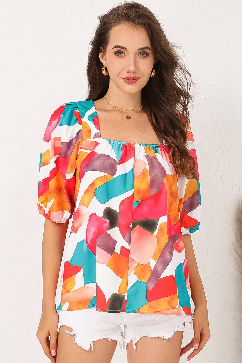 Square Neck Abstract Print Short Sleeve Blouse