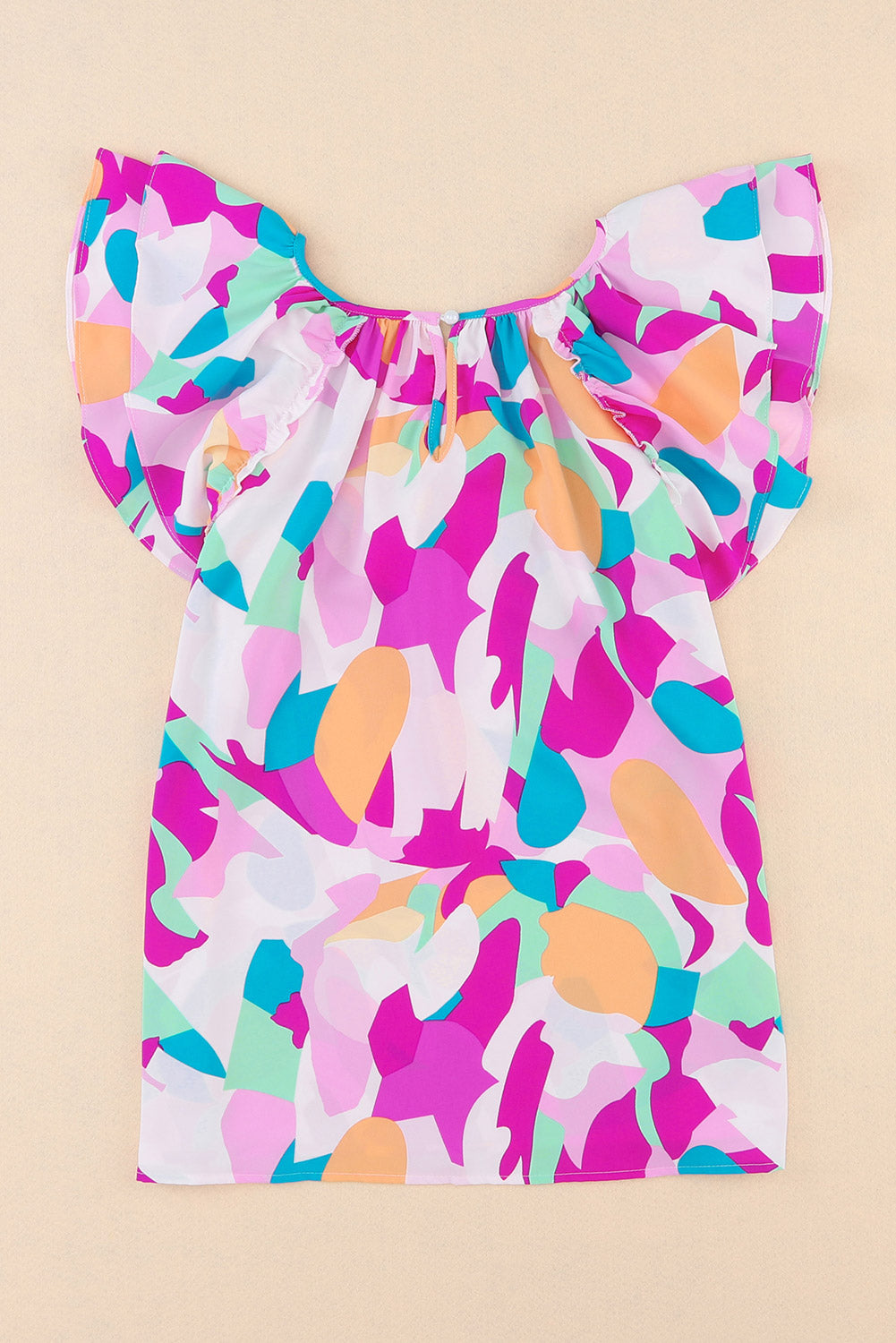 Abstract Pattern Ruffle Short Sleeves Blouse