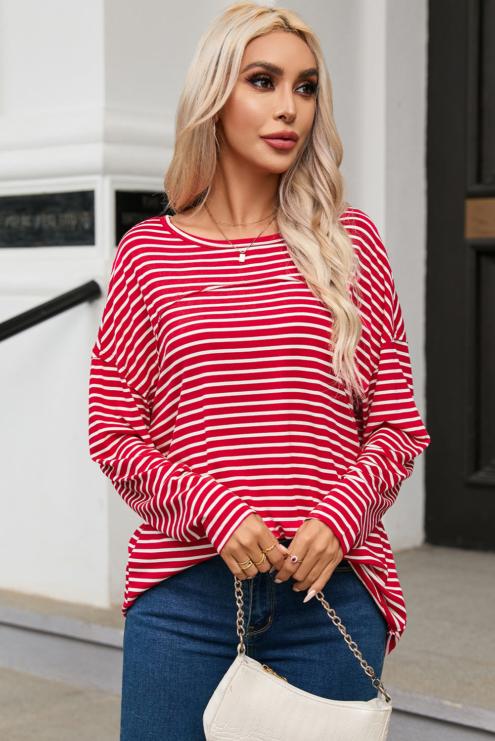 Striped Drop Shoulder Exposed Seam Long Sleeve Top