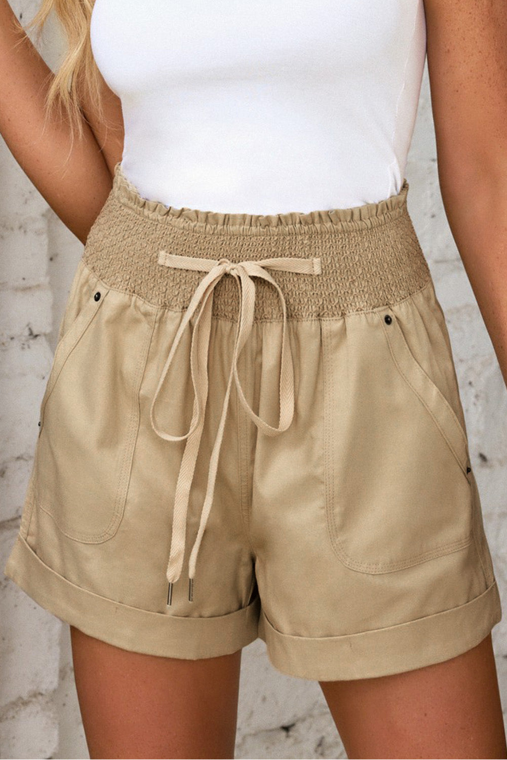 Drawstring Shirred High Waist Casual Shorts