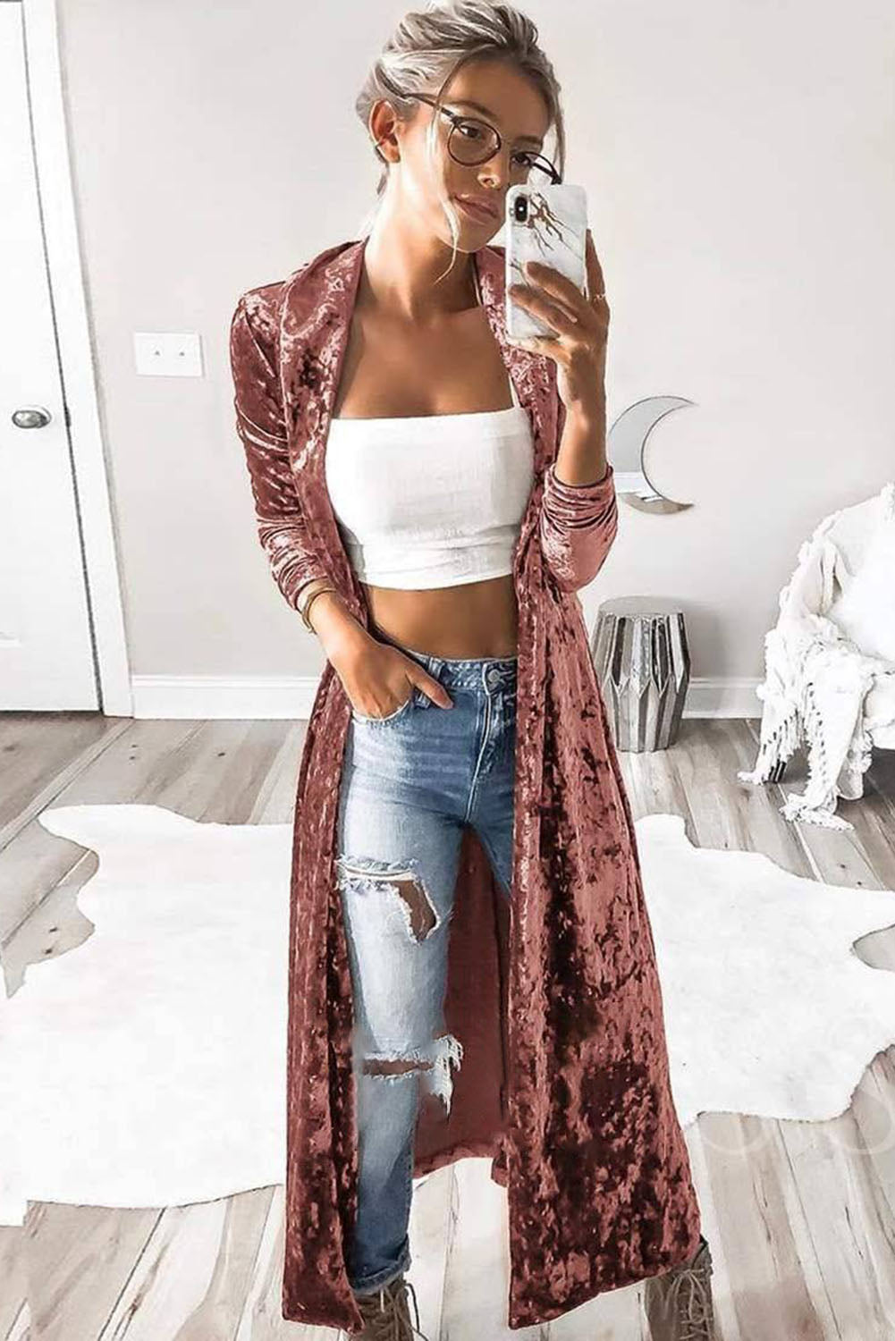 Lapel Open Front Duster Velvet Cardigan