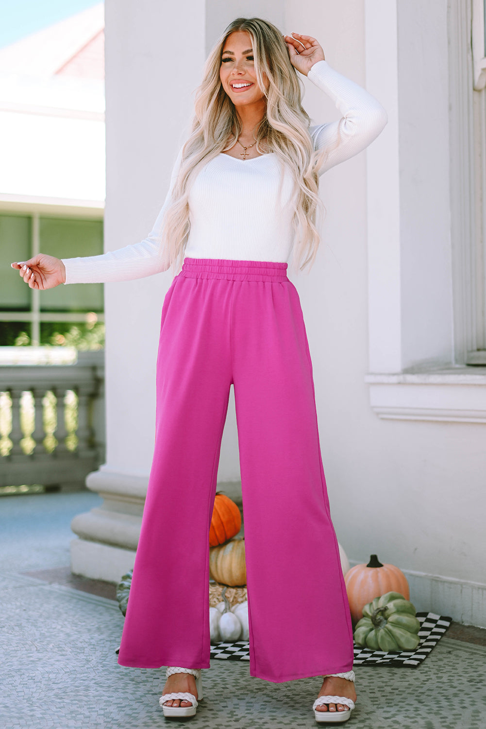 Elastic Waist Pocketed Wide Leg Pants