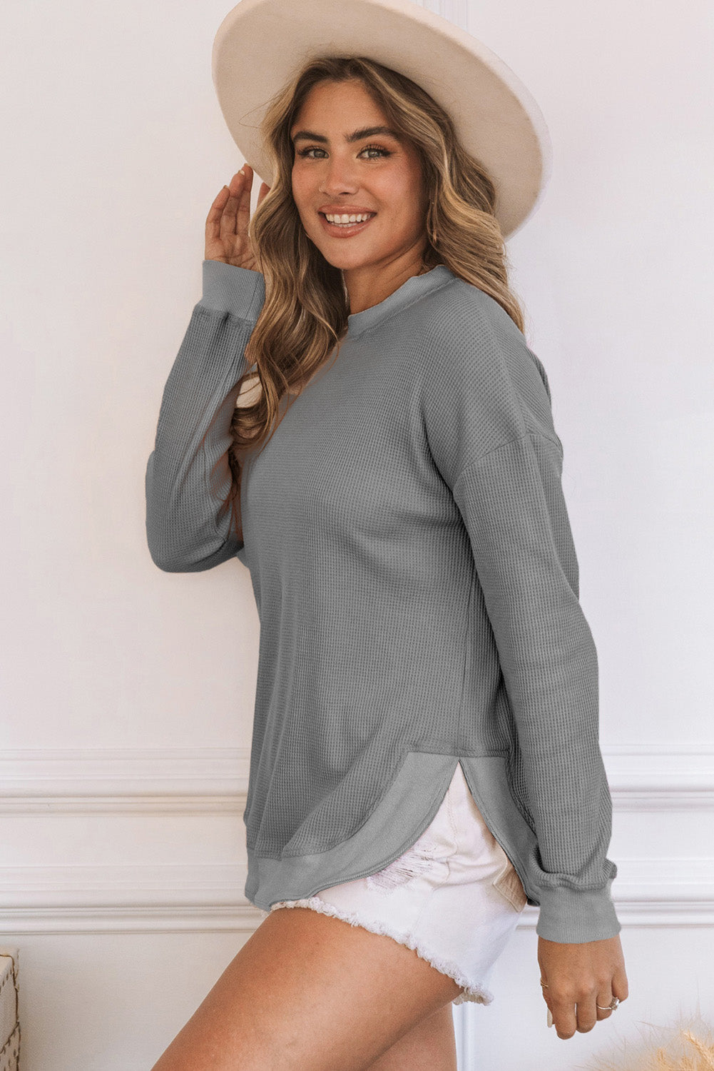 Crew Neck Ribbed Trim Waffle Knit Top