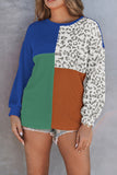 Leopard Patchwork Color Block Ribbed Long Sleeve Top