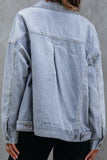 Sky Blue Stripe Washed Oversize Pocketed Denim Jacket