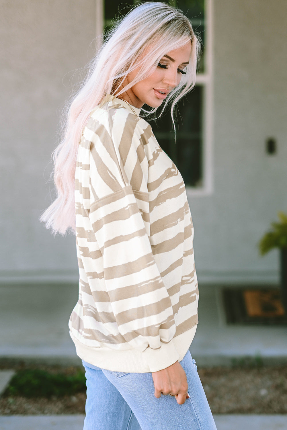 Khaki Oversized Striped Bishop Sleeve Pullover Sweatshirt