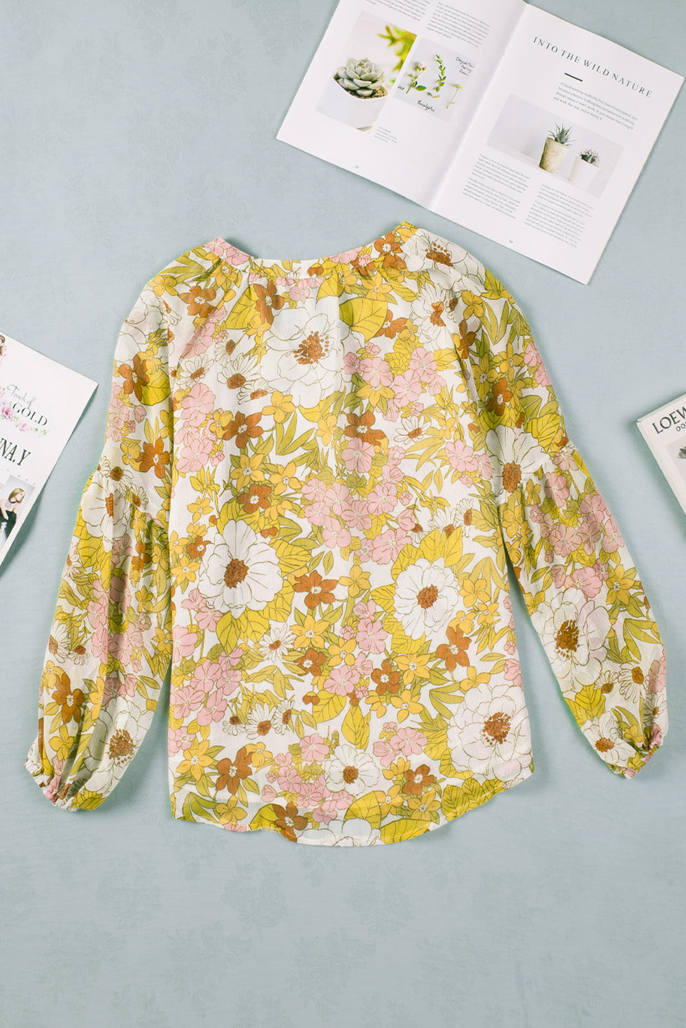 Green Floral Print V Neck Long Puff Sleeve Top