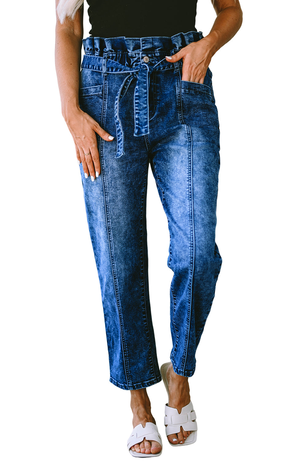 Jean skinny bleu à coutures et coutures hautes avec nœud