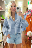 Beau Blue Light Wash Exposed Stitching Raw Hem V Neck Denim Top