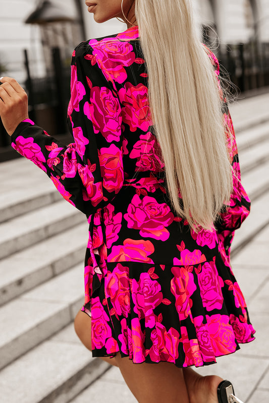 Floral Print V Neck Wrap Bishop Sleeve Ruffle Tiered Mini Dress