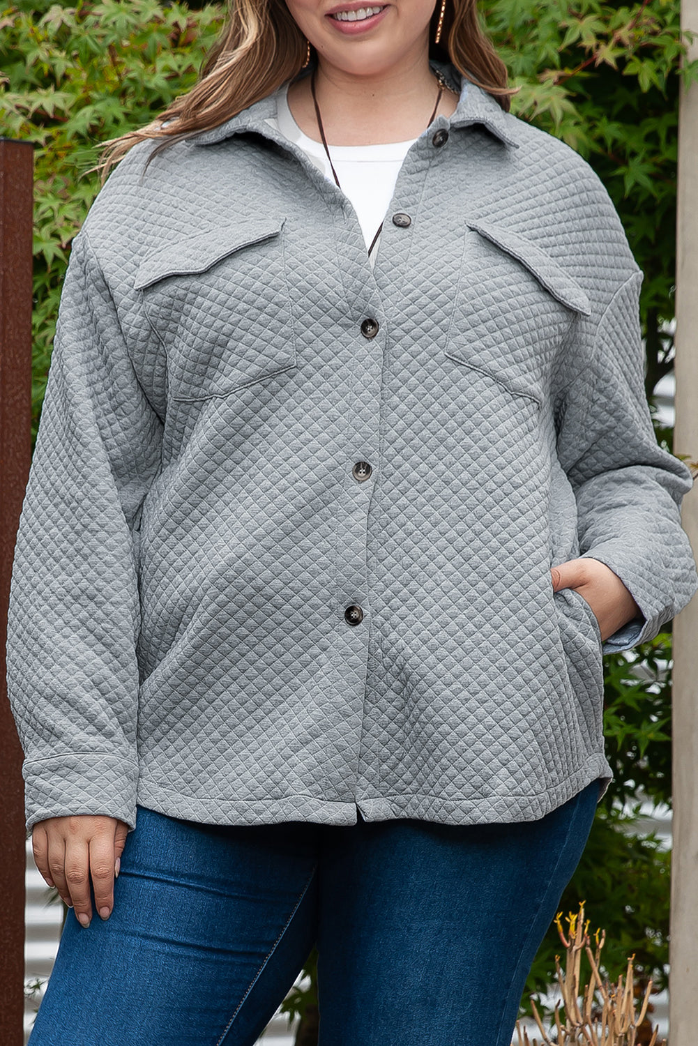 Gray Retro Quilted Flap Pocket Button Shacket