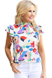 Abstract Print Ruffle Sleeve Smocked Blouse