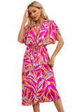 Tropical Leafy Print Drawstring V Neck Midi Dress