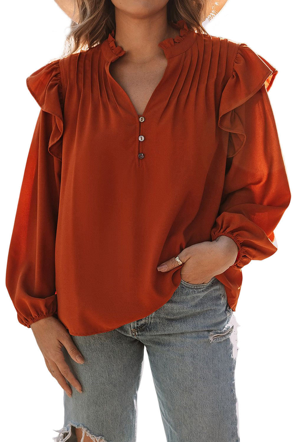 Ruffled Pleated Buttoned V Neck Blouse