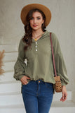 Buttoned V Neck Drop Shoulder Waffle Knit Top