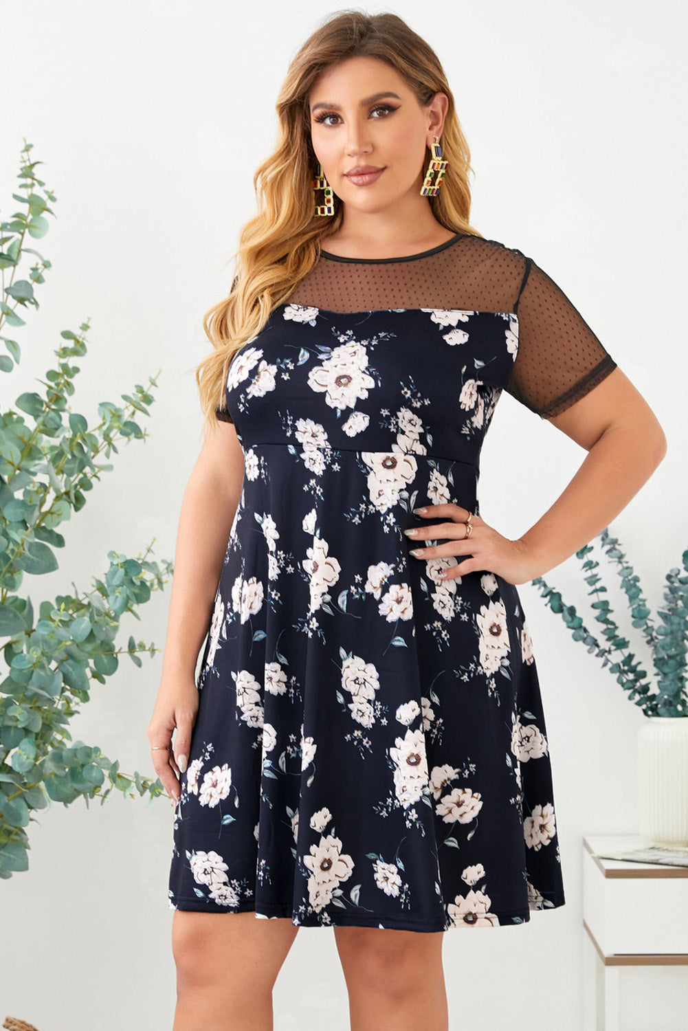 Plus size Floral Print Polka Dots Mesh Patch Mini Dress