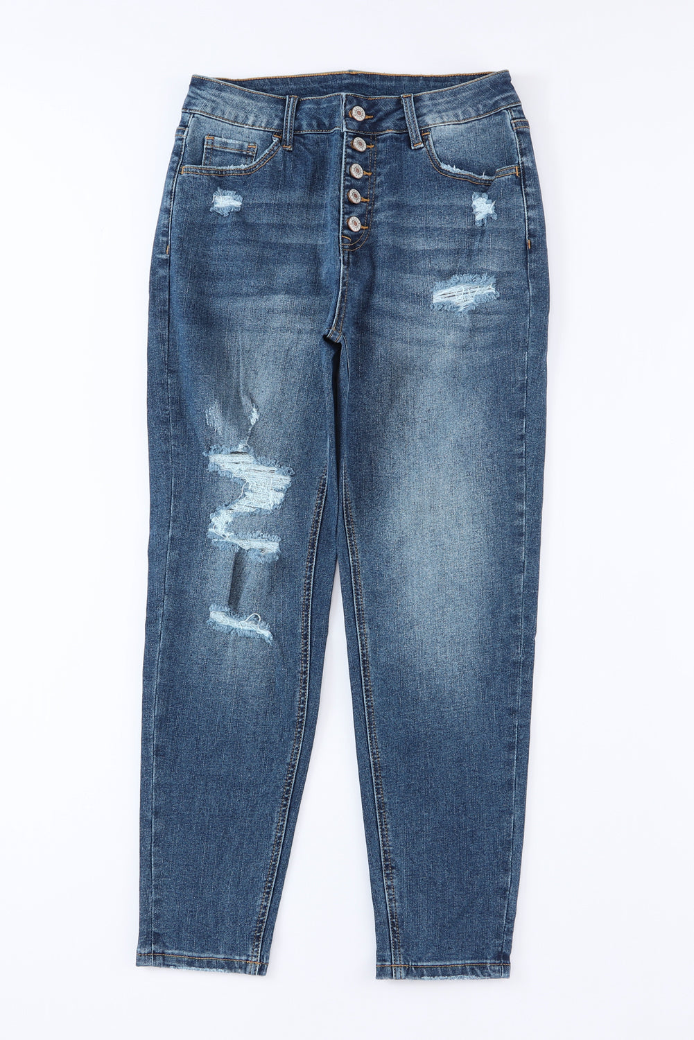 Jean skinny taille haute bleu effet vieilli avec braguette boutonnée