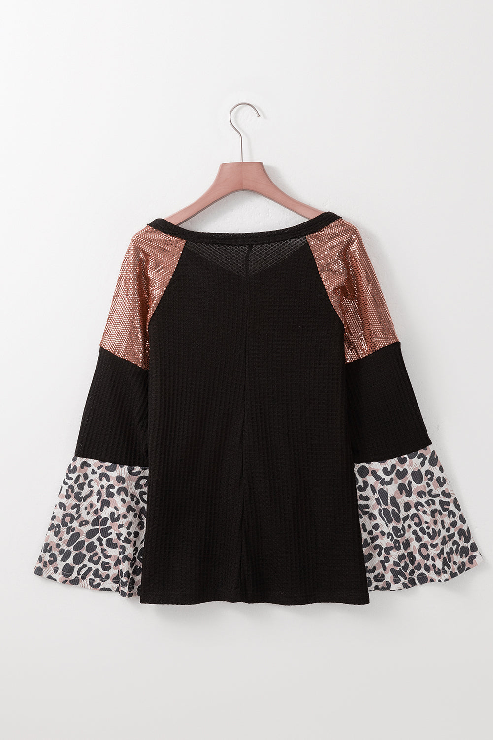 Leopard Sequin Patchwork Bell Sleeve V Neck Tunic Top