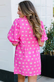 Bright Pink Printed Shirred Yoke Half Puff Sleeve Dress