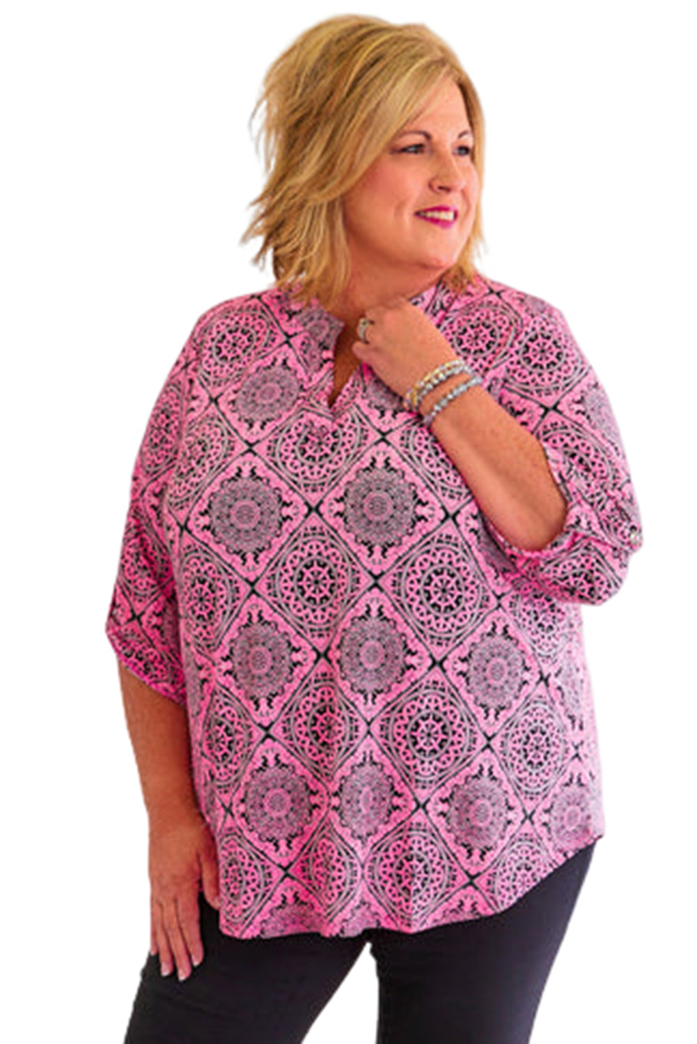 Rose Plus Size Paisley Print V Neck Roll Tab Sleeve Blouse