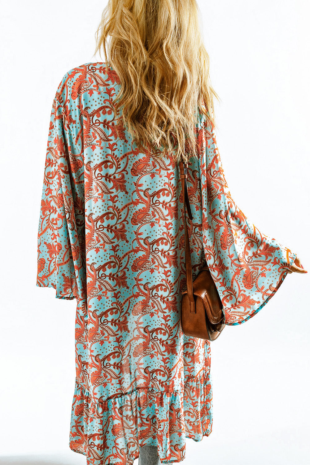 Kimono surdimensionné à manches longues et imprimé floral rétro style bohème bleu ciel