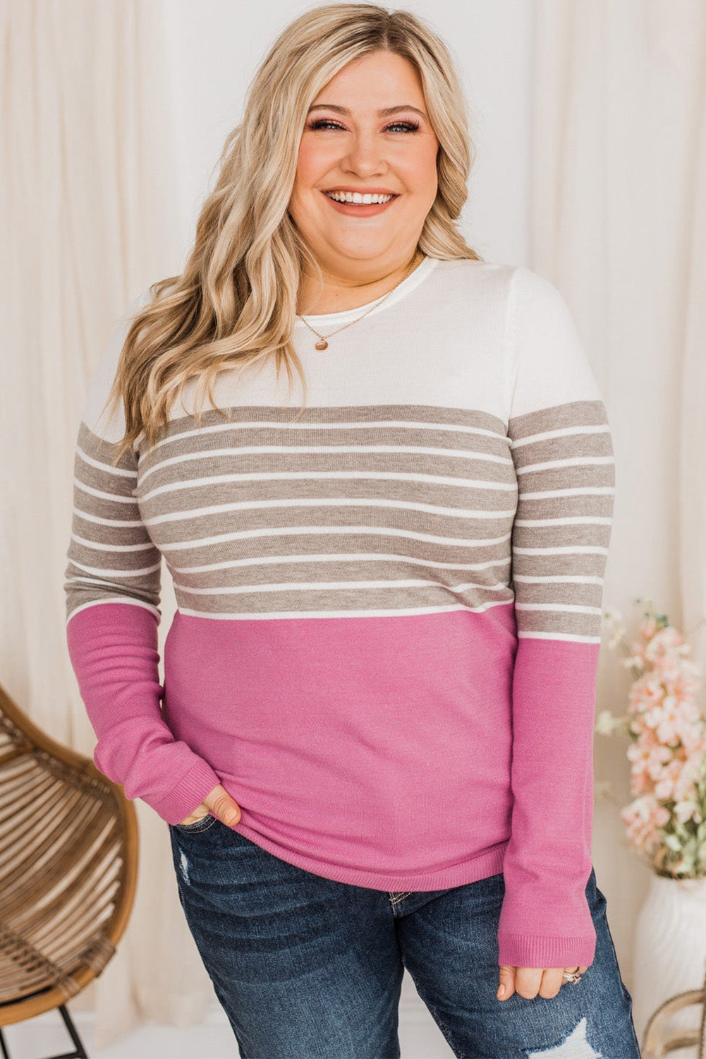 Plus Size Striped Patchwork Knit Sweater